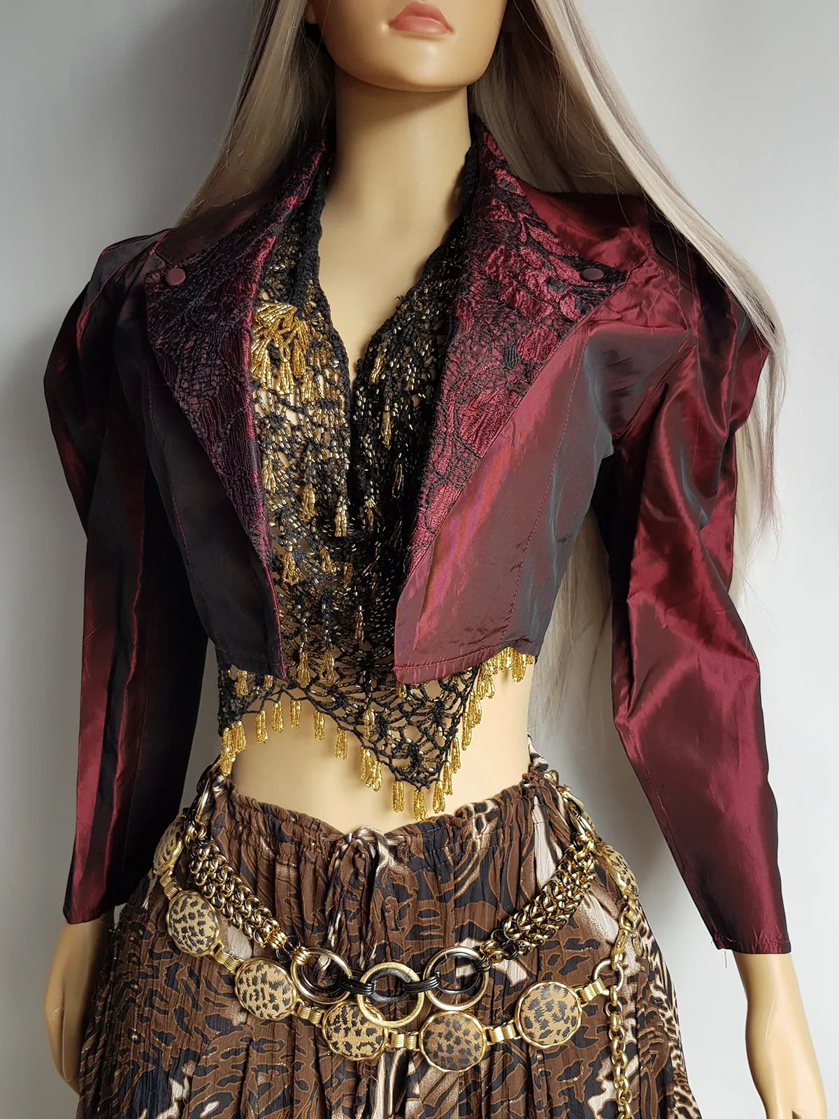 Gothic Romantic Lace Tuxedo Style Jacket - Bordeaux Tones with Black Lace Overlay - Sculptural Shoulders and Slim Waist - Crisp Taffeta and Absolutely Gorgeous Cropped Tailoring