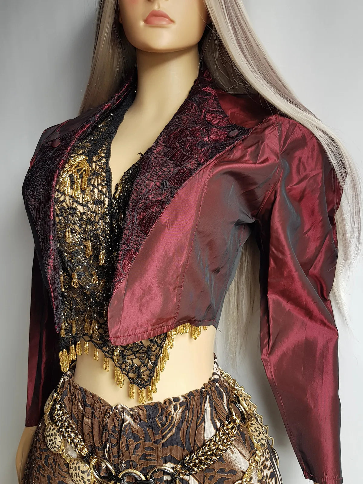 Gothic Romantic Lace Tuxedo Style Jacket - Bordeaux Tones with Black Lace Overlay - Sculptural Shoulders and Slim Waist - Crisp Taffeta and Absolutely Gorgeous Cropped Tailoring