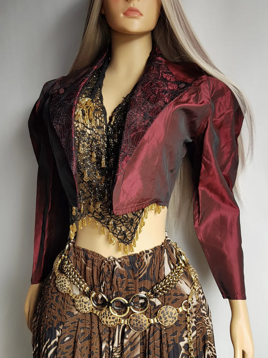 Gothic Romantic Lace Tuxedo Style Jacket - Bordeaux Tones with Black Lace Overlay - Sculptural Shoulders and Slim Waist - Crisp Taffeta and Absolutely Gorgeous Cropped Tailoring