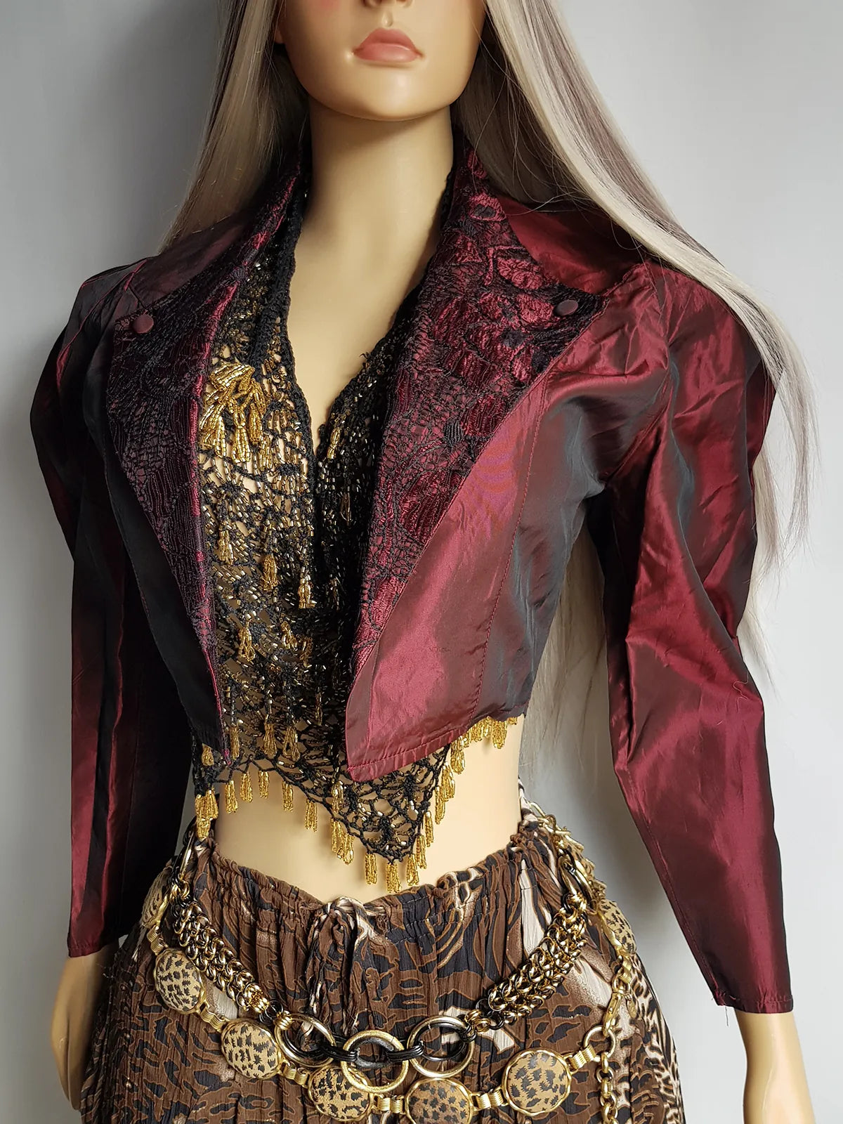 Gothic Romantic Lace Tuxedo Style Jacket - Bordeaux Tones with Black Lace Overlay - Sculptural Shoulders and Slim Waist - Crisp Taffeta and Absolutely Gorgeous Cropped Tailoring