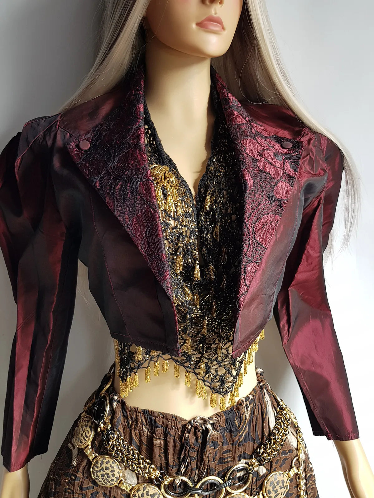 Gothic Romantic Lace Tuxedo Style Jacket - Bordeaux Tones with Black Lace Overlay - Sculptural Shoulders and Slim Waist - Crisp Taffeta and Absolutely Gorgeous Cropped Tailoring