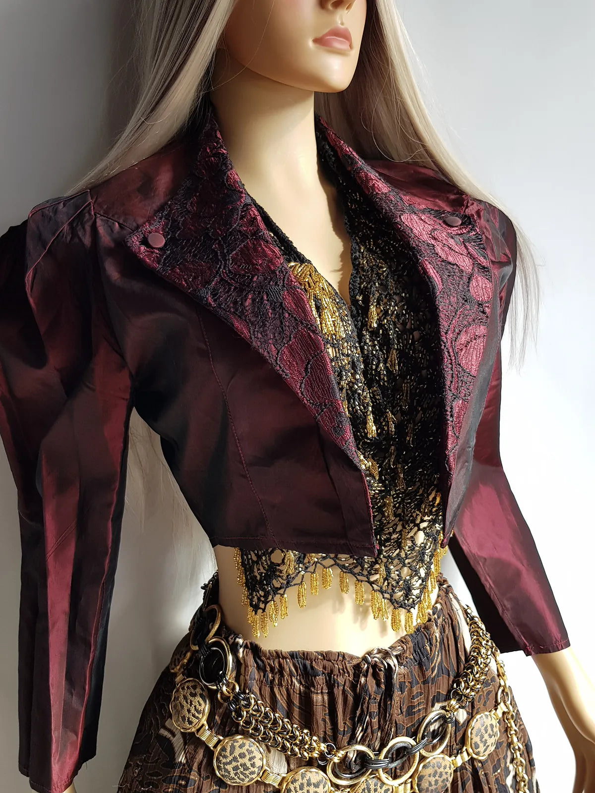 Gothic Romantic Lace Tuxedo Style Jacket - Bordeaux Tones with Black Lace Overlay - Sculptural Shoulders and Slim Waist - Crisp Taffeta and Absolutely Gorgeous Cropped Tailoring