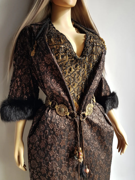 1950s Vintage Bronze Evening Coat with Fur Sleeves - Floral Metallic Print - Immaculate Tailoring - Fully Lined