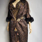 1950s Vintage Bronze Evening Coat with Fur Sleeves - Floral Metallic Print - Immaculate Tailoring - Fully Lined