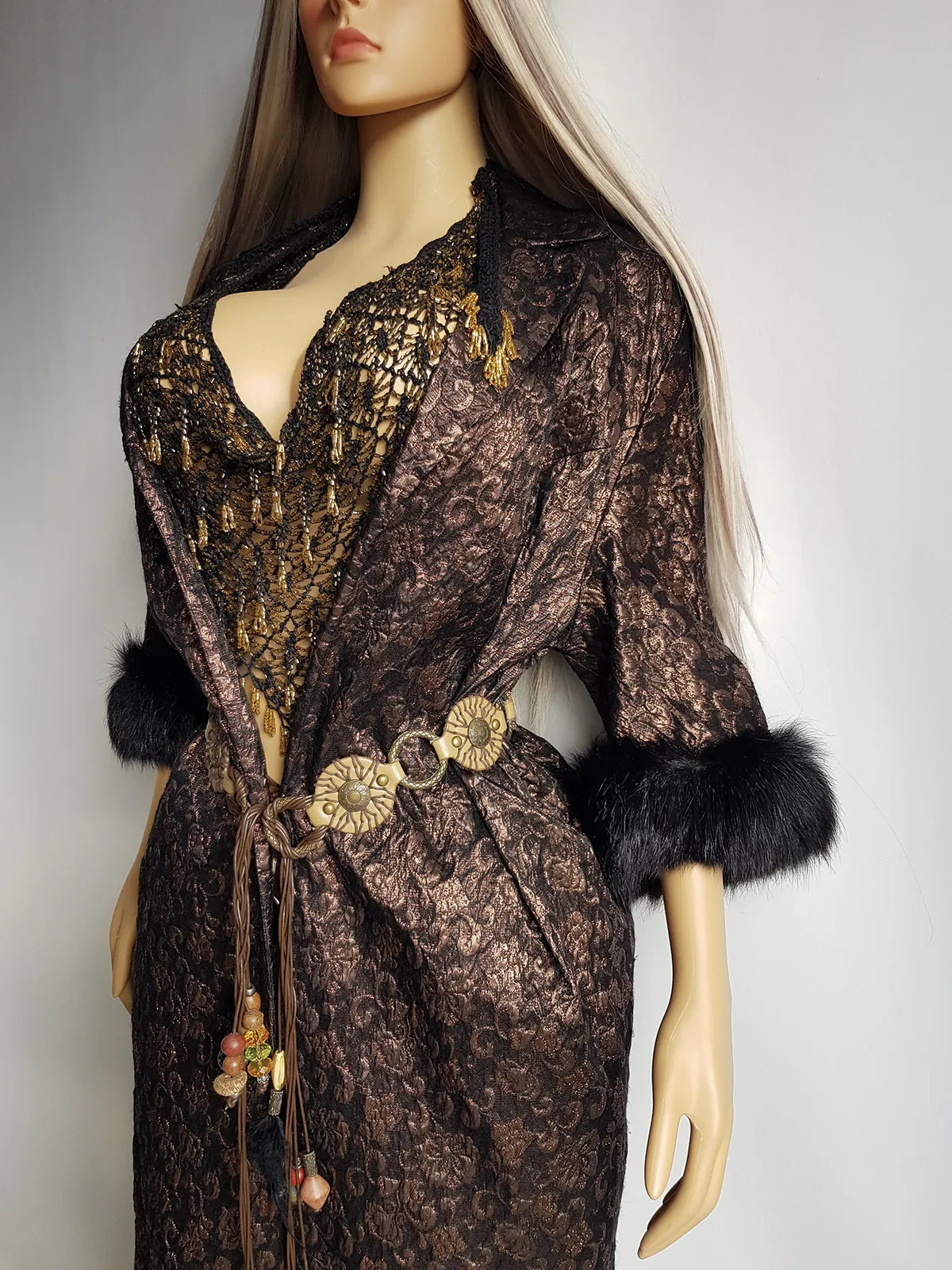 1950s Vintage Bronze Evening Coat with Fur Sleeves - Floral Metallic Print - Immaculate Tailoring - Fully Lined