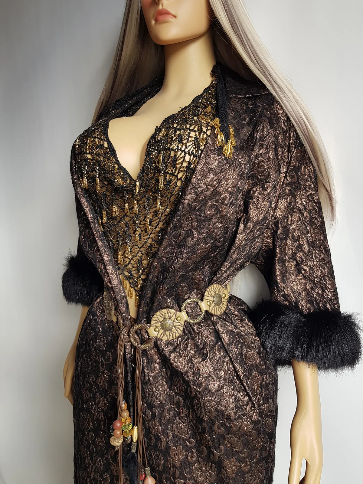 1950s Vintage Bronze Evening Coat with Fur Sleeves - Floral Metallic Print - Immaculate Tailoring - Fully Lined