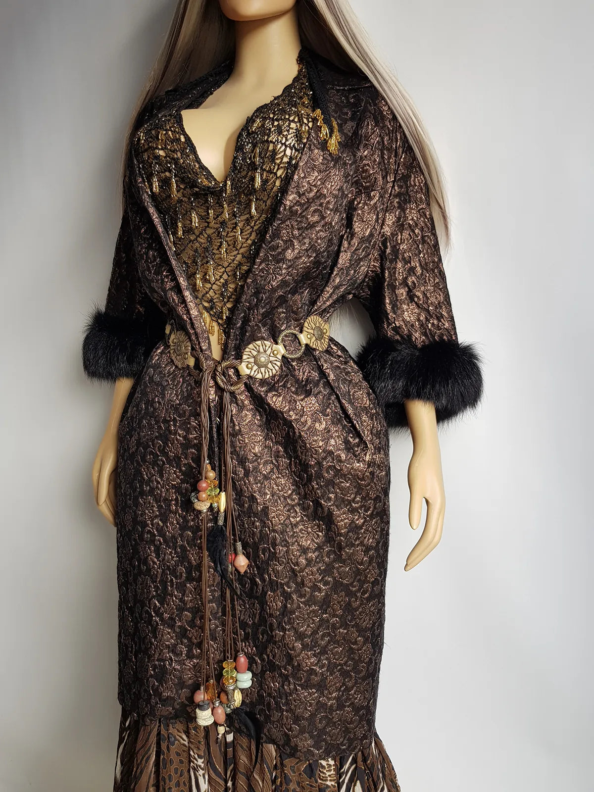 1950s Vintage Bronze Evening Coat with Fur Sleeves - Floral Metallic Print - Immaculate Tailoring - Fully Lined