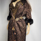 1950s Vintage Bronze Evening Coat with Fur Sleeves - Floral Metallic Print - Immaculate Tailoring - Fully Lined