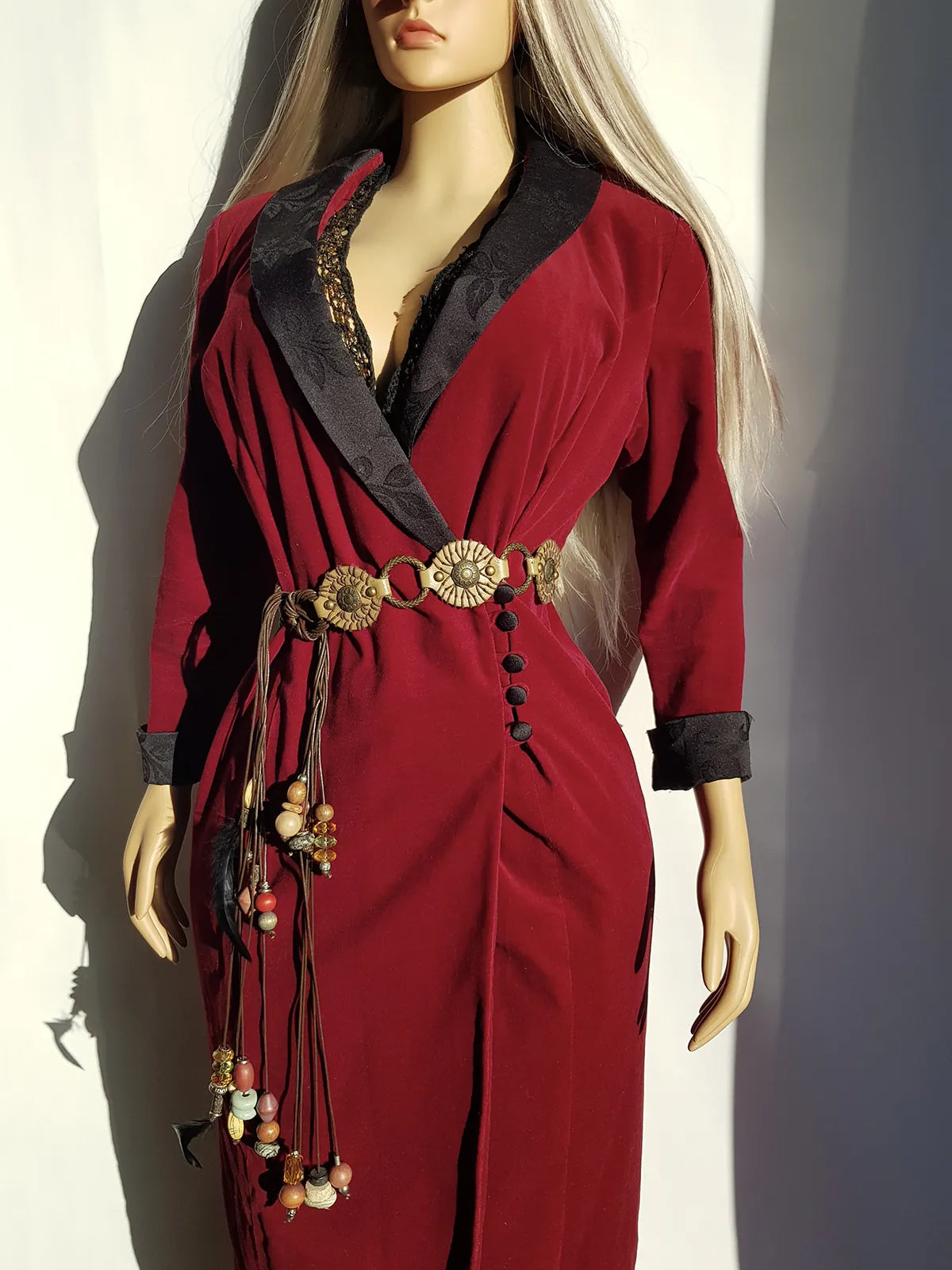 Vintage Romantic Goth 90s Tuxedo Coat in Rich Oxblood Red Velvet - Full Length - Gorgeous Tailoring - Beautiful Side Buttons on the Waist