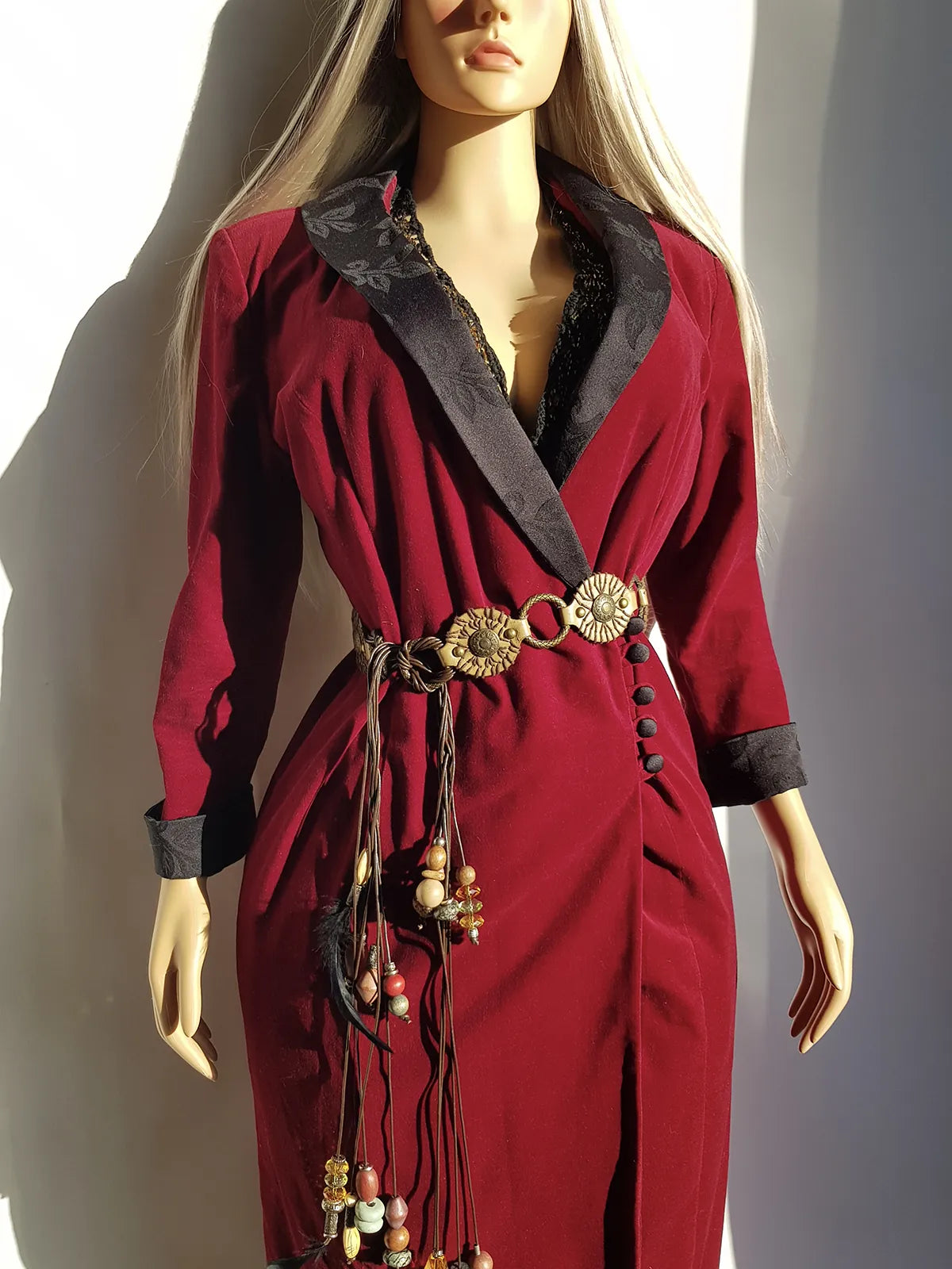 Vintage Romantic Goth 90s Tuxedo Coat in Rich Oxblood Red Velvet - Full Length - Gorgeous Tailoring - Beautiful Side Buttons on the Waist