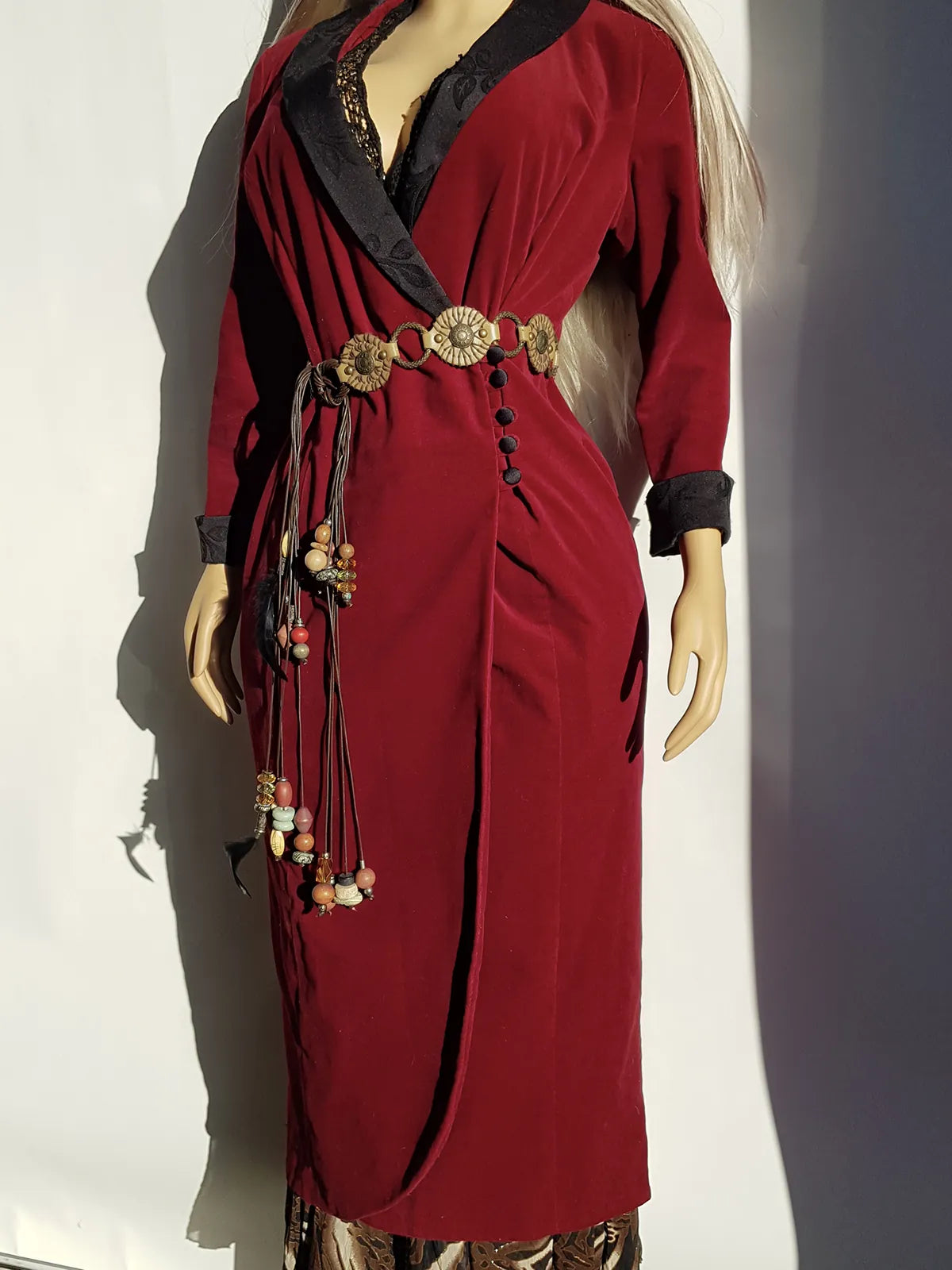 Vintage Romantic Goth 90s Tuxedo Coat in Rich Oxblood Red Velvet - Full Length - Gorgeous Tailoring - Beautiful Side Buttons on the Waist