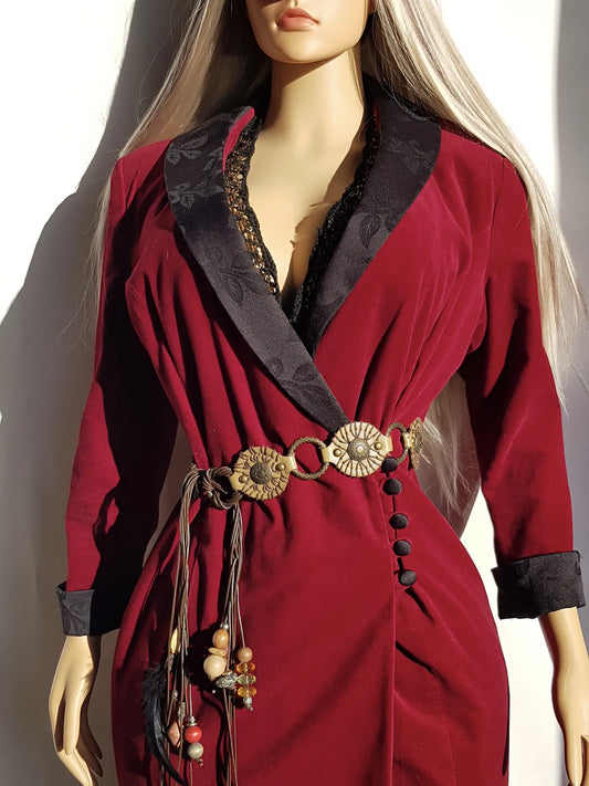 Vintage Romantic Goth 90s Tuxedo Coat in Rich Oxblood Red Velvet - Full Length - Gorgeous Tailoring - Beautiful Side Buttons on the Waist