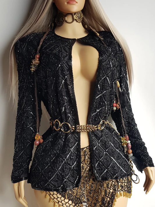 Vintage Silk Spectacular Sparkling Diamond Pattern Heavily Beaded Jacket in Black - Immaculate - Hand Beaded - Bridal Quality