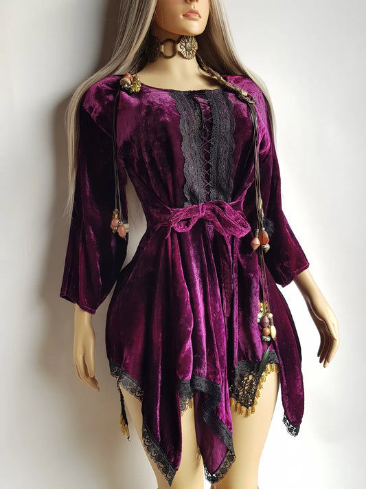 Vintage Rich Purple Velvet & Lace Fairy Dress / Top with Ornate Lace Paneling & Asymmetrical Handkerchief Skirt