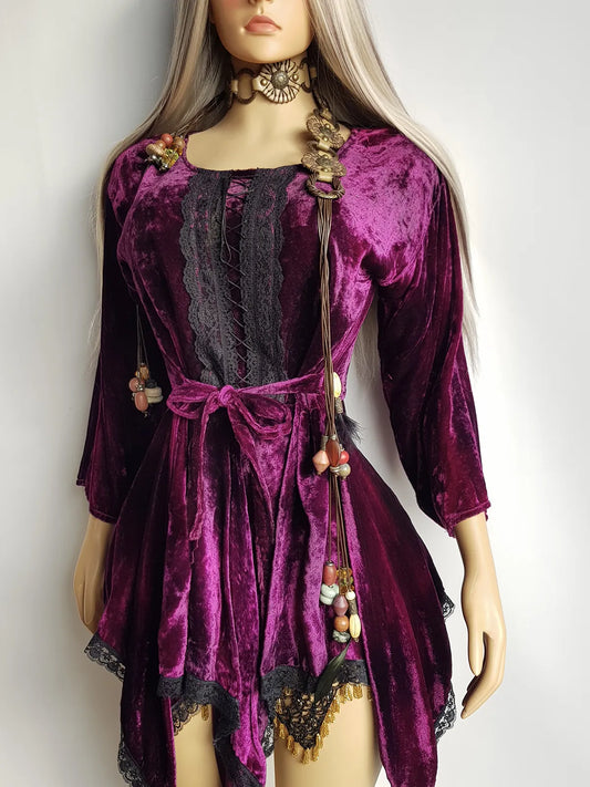 Vintage Rich Purple Velvet & Lace Fairy Dress / Top with Ornate Lace Paneling & Asymmetrical Handkerchief Skirt