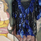 Wild Vintage 100% Crystallized Silk & Sequin -  Asymmetrical Black & Blue - Statement Evening Top