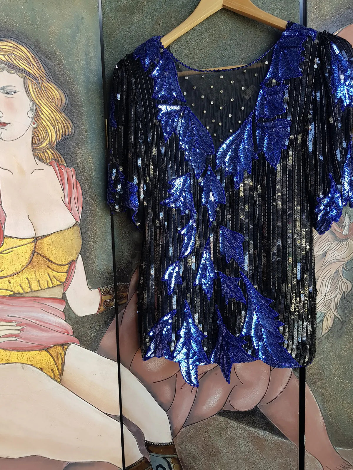 Wild Vintage 100% Crystallized Silk & Sequin -  Asymmetrical Black & Blue - Statement Evening Top