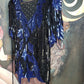 Wild Vintage 100% Crystallized Silk & Sequin -  Asymmetrical Black & Blue - Statement Evening Top