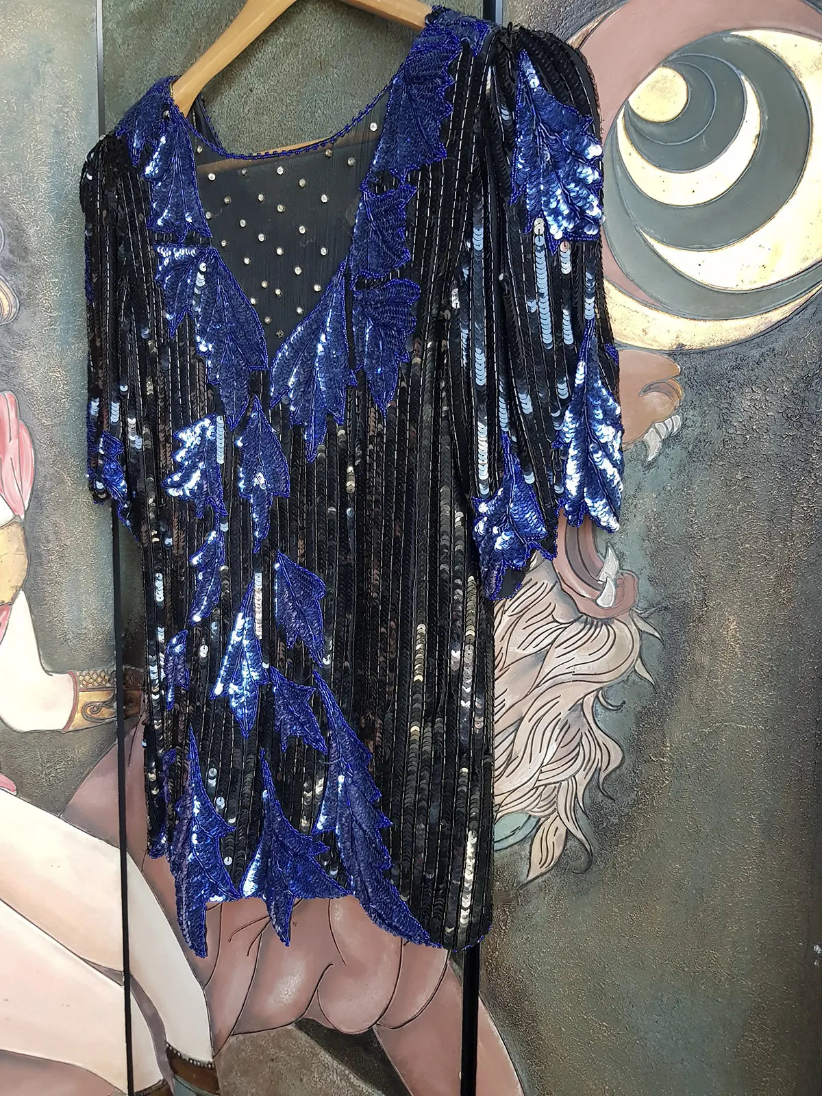 Wild Vintage 100% Crystallized Silk & Sequin -  Asymmetrical Black & Blue - Statement Evening Top