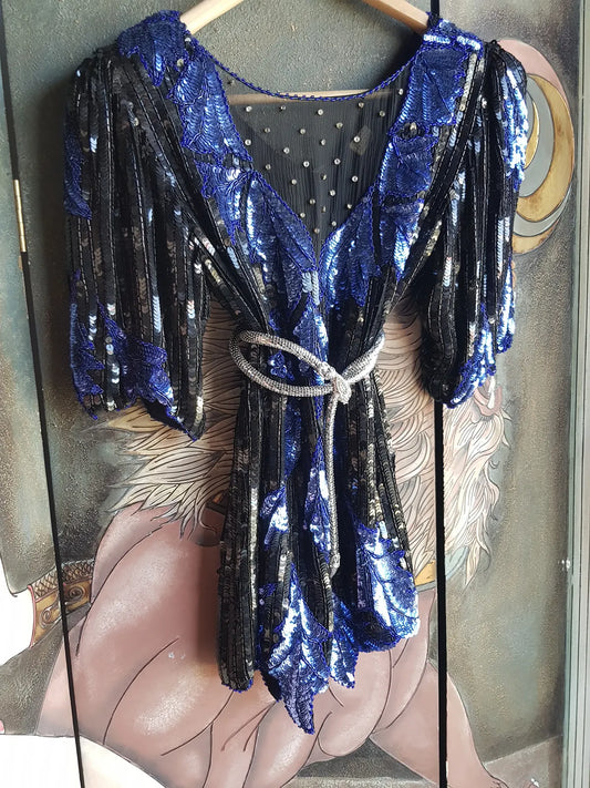 Wild Vintage 100% Crystallized Silk & Sequin -  Asymmetrical Black & Blue - Statement Evening Top