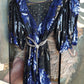 Wild Vintage 100% Crystallized Silk & Sequin -  Asymmetrical Black & Blue - Statement Evening Top