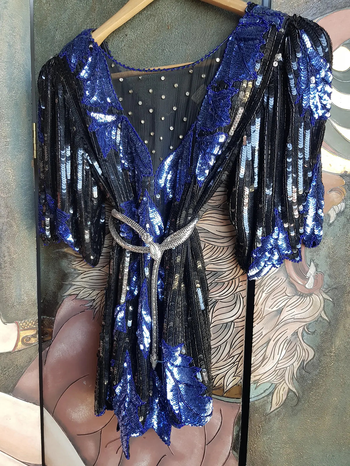 Wild Vintage 100% Crystallized Silk & Sequin -  Asymmetrical Black & Blue - Statement Evening Top