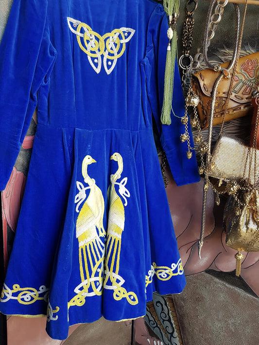 Insane 1940s Heavy Velvet Crystallized Peacock Dress - Vibrant Blue & Baby Yellow - Chainstitch Applique Embroidery - Brilliant Blue