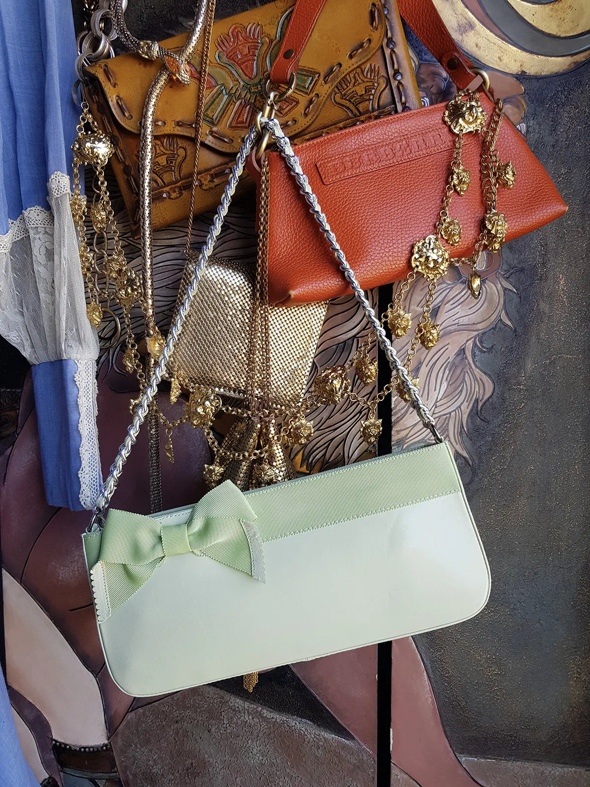 Vintage 2000s Designer Beverly Feldman Leather Purse in the Sweetest Mint Green & Plaid Lining - Chain Strap & Little Bow with Intricate Scalloped Leather Edging (Original Dustbag Included)