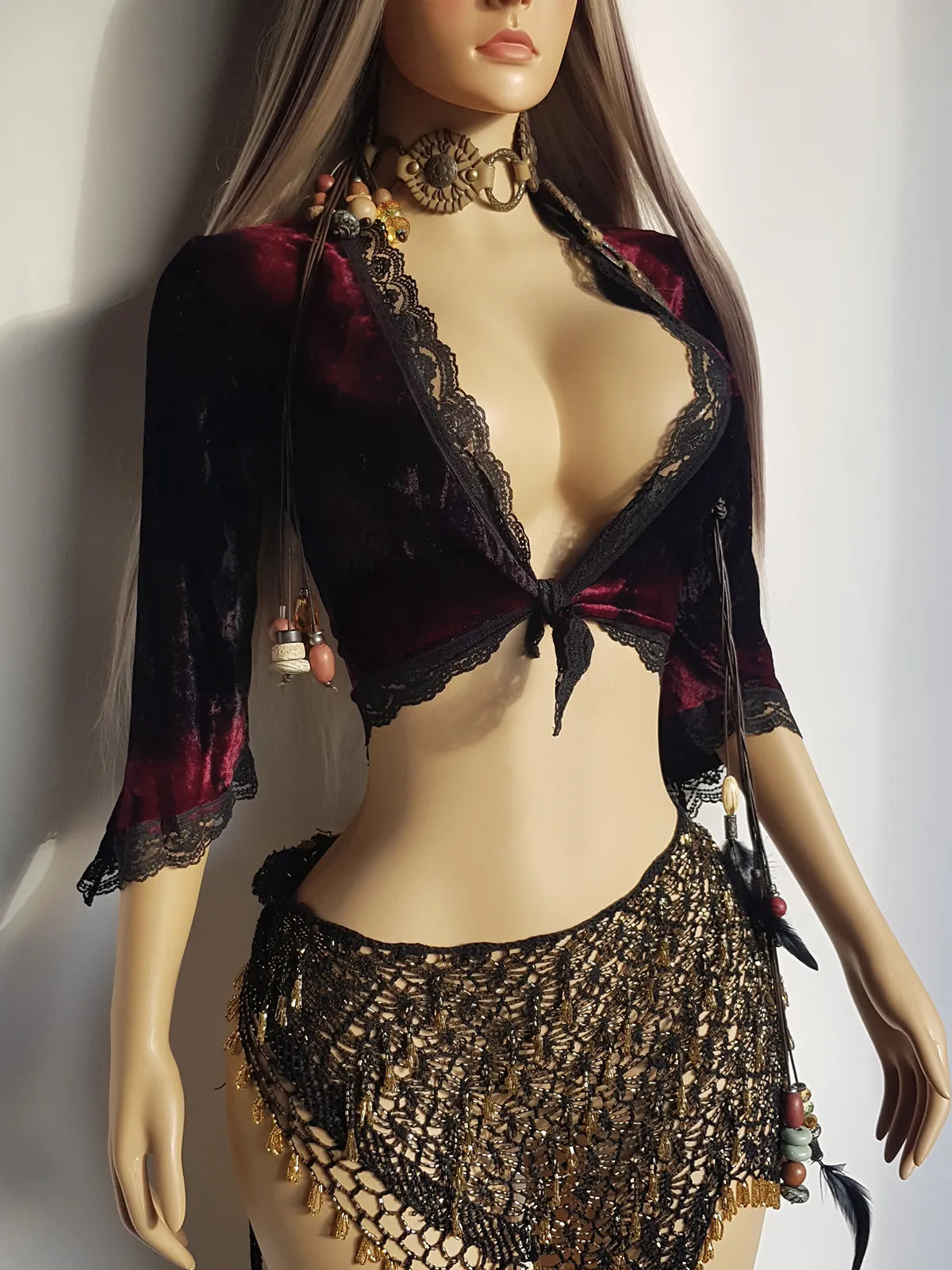 Vintage Rich Plum Velvet & Lace Fairy Top with Ornate Lace Edging - Sexy Sleeves & Tie Front - Hand Dyed