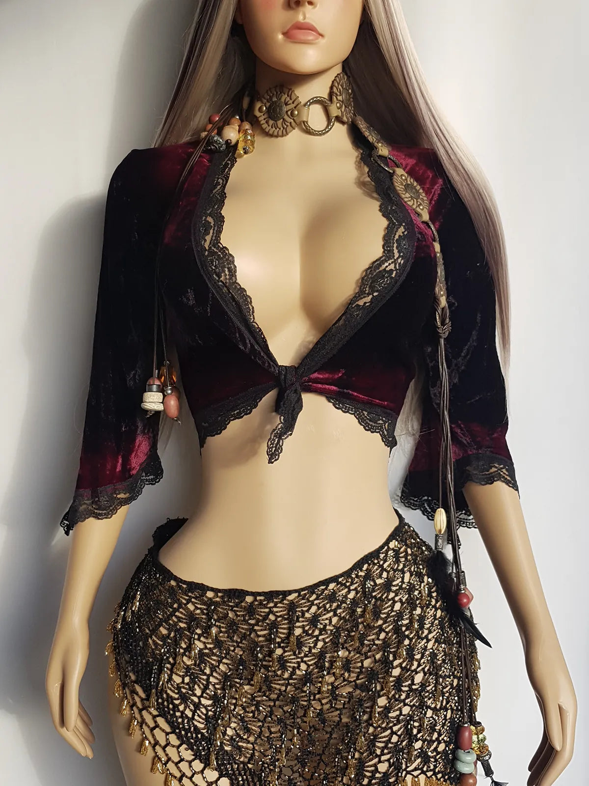 Vintage Rich Plum Velvet & Lace Fairy Top with Ornate Lace Edging - Sexy Sleeves & Tie Front - Hand Dyed