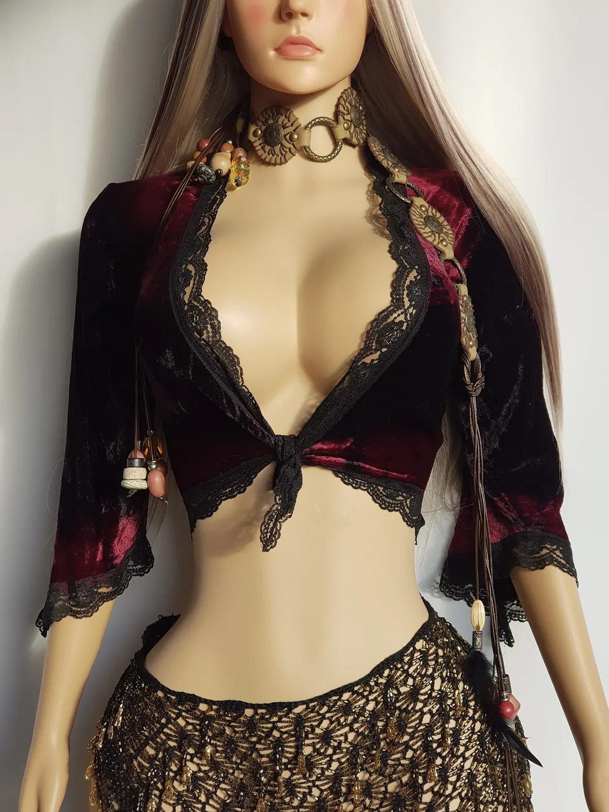 Vintage Rich Plum Velvet & Lace Fairy Top with Ornate Lace Edging - Sexy Sleeves & Tie Front - Hand Dyed