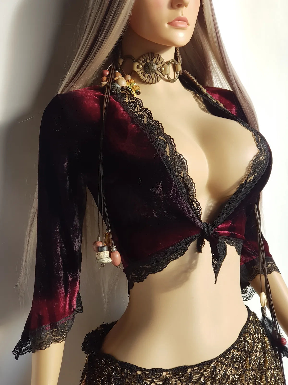 Vintage Rich Plum Velvet & Lace Fairy Top with Ornate Lace Edging - Sexy Sleeves & Tie Front - Hand Dyed