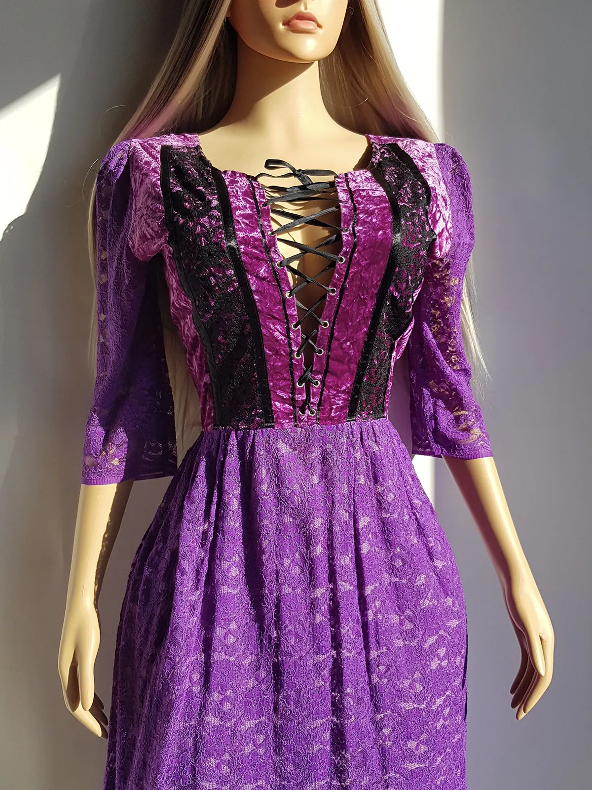 Ultra Rare 1970s Corset Style Whimsigoth Fairy Dress in Purple Burnout Lace - Handmade & Hand Dyed - Gradient Purples Light to Dark - Double Layer Lace Hemline