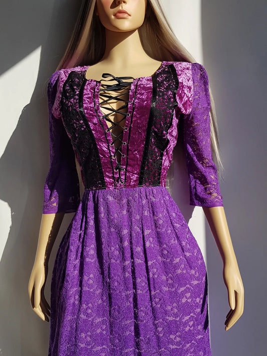 Ultra Rare 1970s Corset Style Whimsigoth Fairy Dress in Purple Burnout Lace - Handmade & Hand Dyed - Gradient Purples Light to Dark - Double Layer Lace Hemline