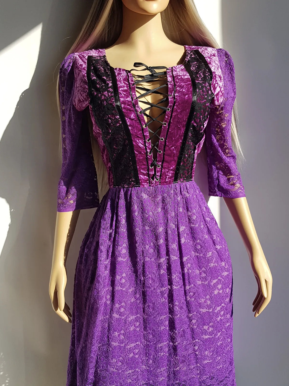 Ultra Rare 1970s Corset Style Whimsigoth Fairy Dress in Purple Burnout Lace - Handmade & Hand Dyed - Gradient Purples Light to Dark - Double Layer Lace Hemline