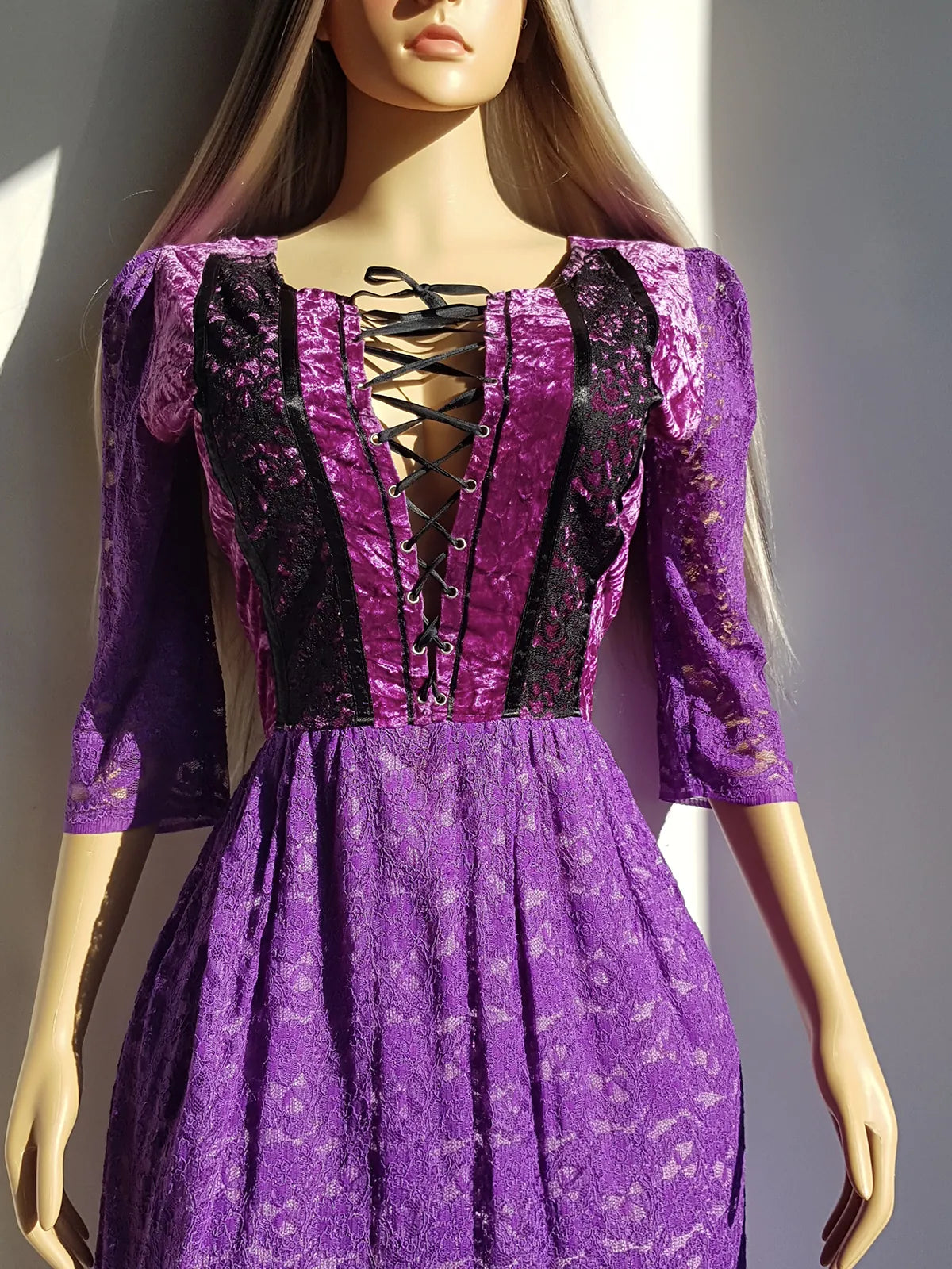 Ultra Rare 1970s Corset Style Whimsigoth Fairy Dress in Purple Burnout Lace - Handmade & Hand Dyed - Gradient Purples Light to Dark - Double Layer Lace Hemline