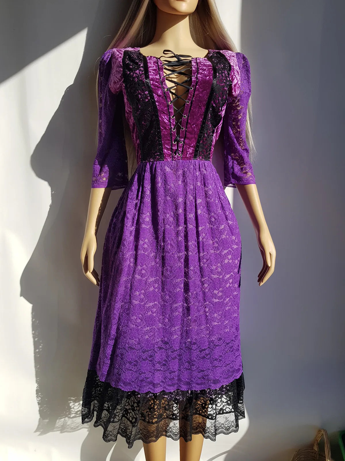 Ultra Rare 1970s Corset Style Whimsigoth Fairy Dress in Purple Burnout Lace - Handmade & Hand Dyed - Gradient Purples Light to Dark - Double Layer Lace Hemline