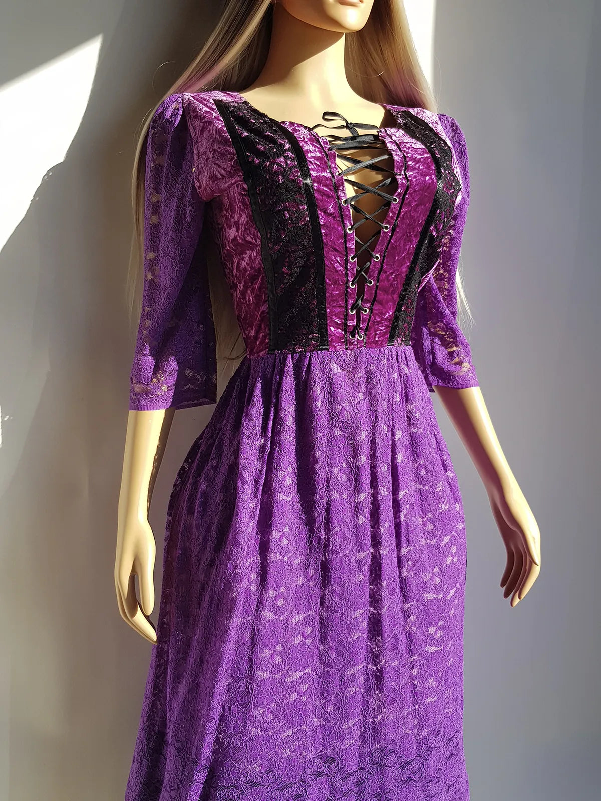 Ultra Rare 1970s Corset Style Whimsigoth Fairy Dress in Purple Burnout Lace - Handmade & Hand Dyed - Gradient Purples Light to Dark - Double Layer Lace Hemline