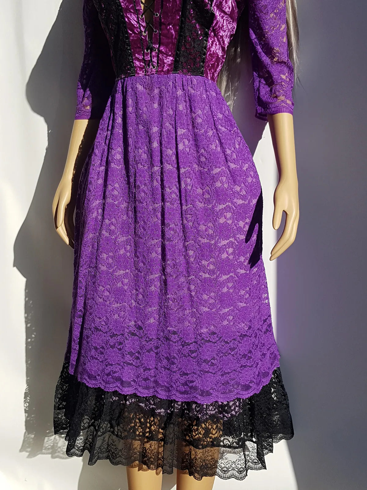 Ultra Rare 1970s Corset Style Whimsigoth Fairy Dress in Purple Burnout Lace - Handmade & Hand Dyed - Gradient Purples Light to Dark - Double Layer Lace Hemline