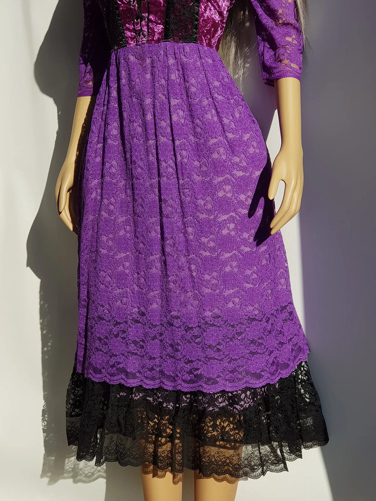 Ultra Rare 1970s Corset Style Whimsigoth Fairy Dress in Purple Burnout Lace - Handmade & Hand Dyed - Gradient Purples Light to Dark - Double Layer Lace Hemline