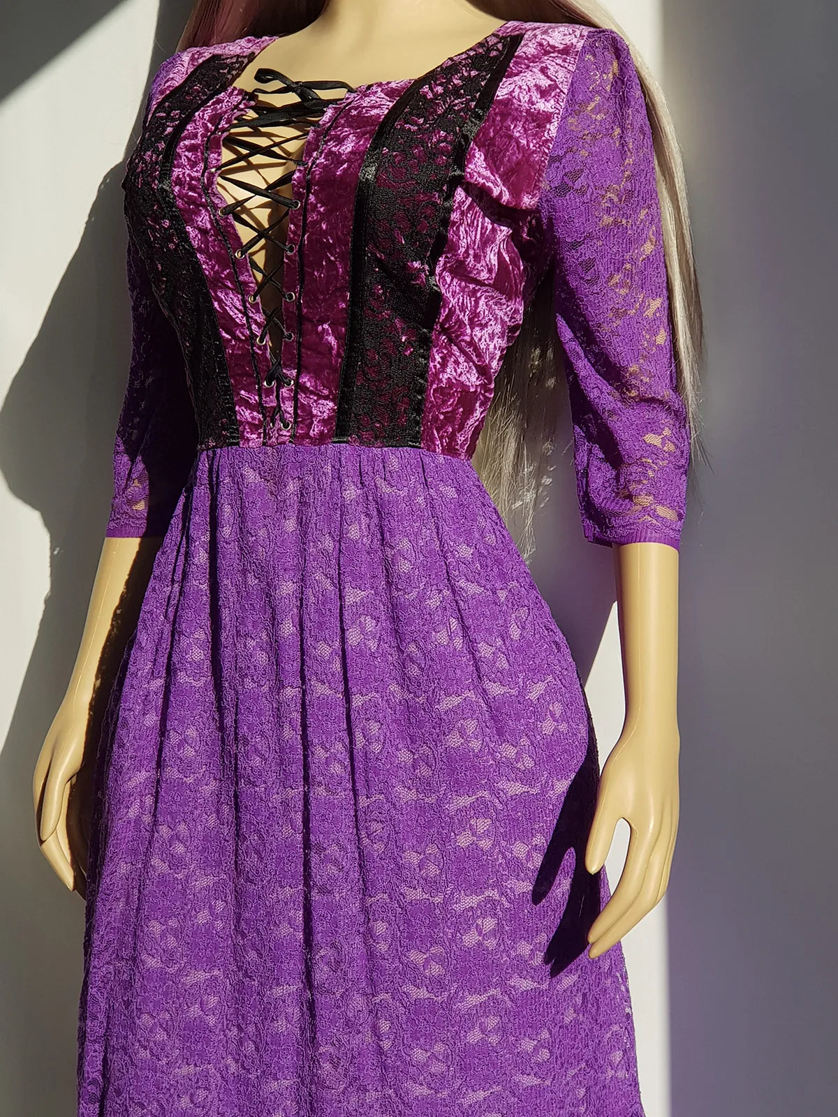 Ultra Rare 1970s Corset Style Whimsigoth Fairy Dress in Purple Burnout Lace - Handmade & Hand Dyed - Gradient Purples Light to Dark - Double Layer Lace Hemline