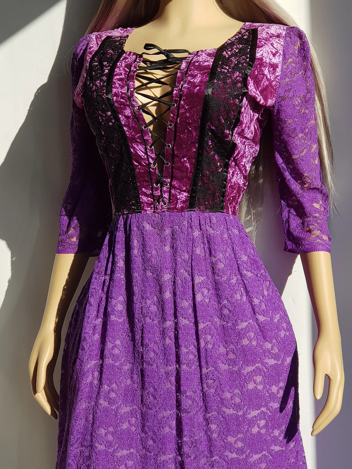 Ultra Rare 1970s Corset Style Whimsigoth Fairy Dress in Purple Burnout Lace - Handmade & Hand Dyed - Gradient Purples Light to Dark - Double Layer Lace Hemline