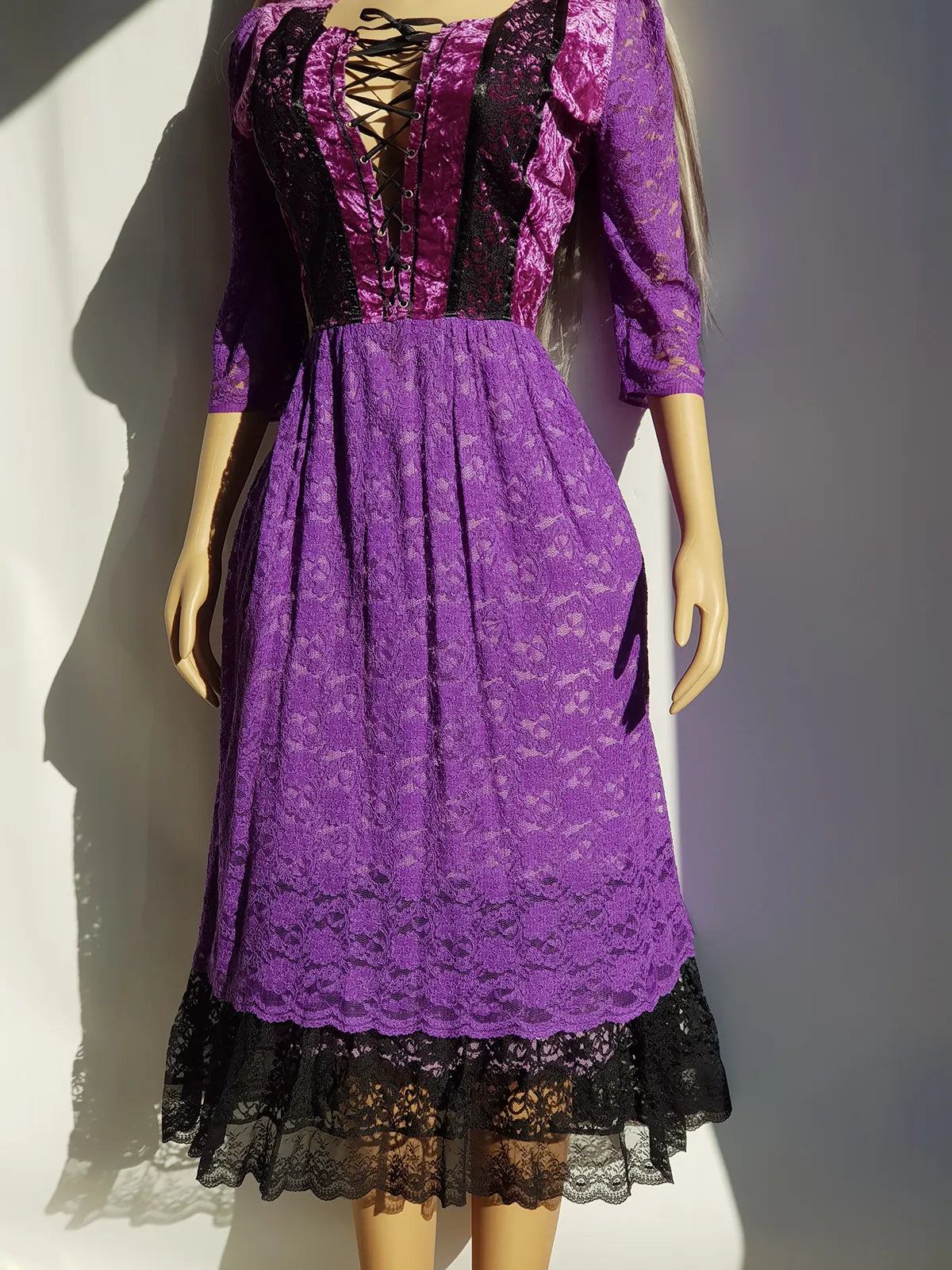 Ultra Rare 1970s Corset Style Whimsigoth Fairy Dress in Purple Burnout Lace - Handmade & Hand Dyed - Gradient Purples Light to Dark - Double Layer Lace Hemline