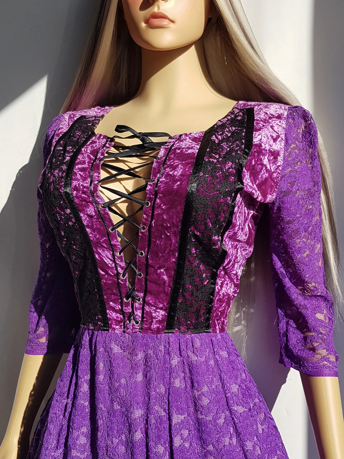 Ultra Rare 1970s Corset Style Whimsigoth Fairy Dress in Purple Burnout Lace - Handmade & Hand Dyed - Gradient Purples Light to Dark - Double Layer Lace Hemline