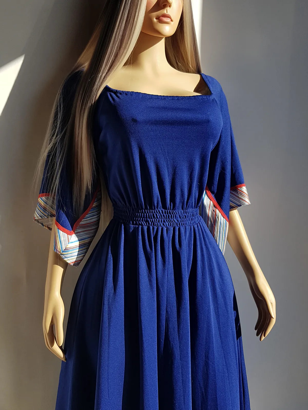 1970s Vintage Handkerchief Summertime Dress - Hourglass Waist - Off Shoulder & Knee Length - Absolutely Beautiful Asymmetrical Sleeves - Elastic Waist