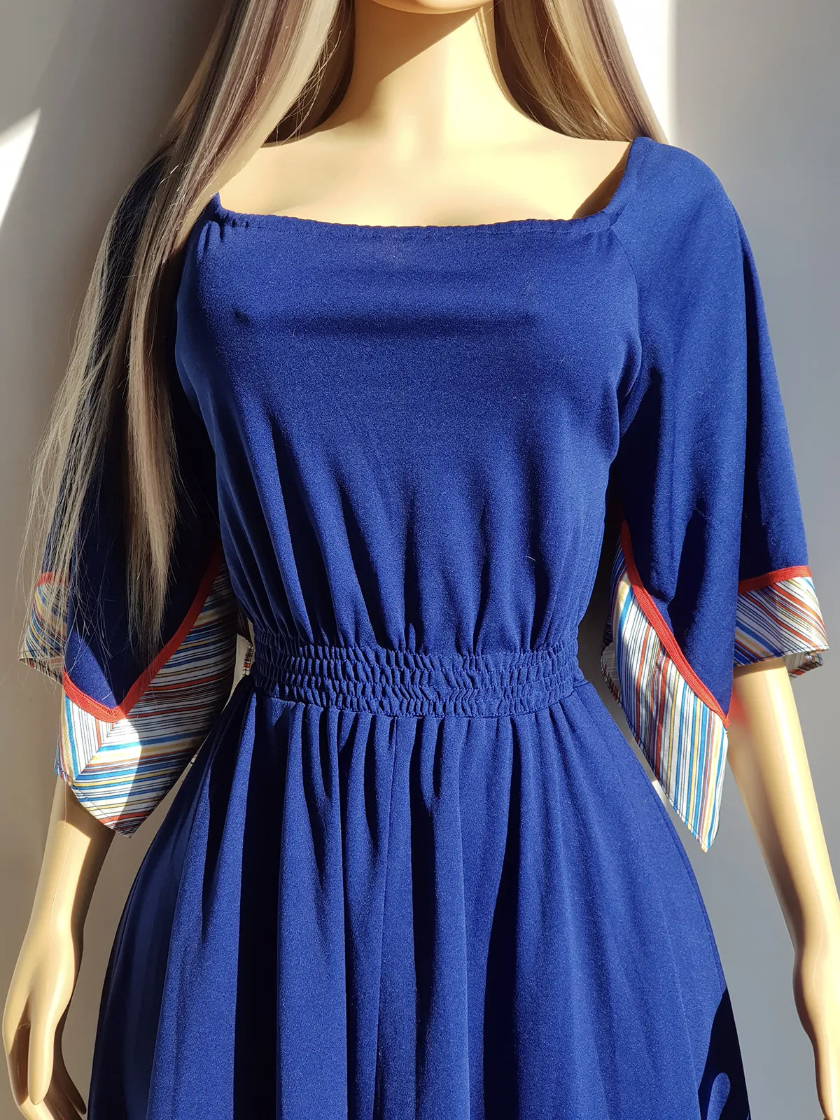 1970s Vintage Handkerchief Summertime Dress - Hourglass Waist - Off Shoulder & Knee Length - Absolutely Beautiful Asymmetrical Sleeves - Elastic Waist