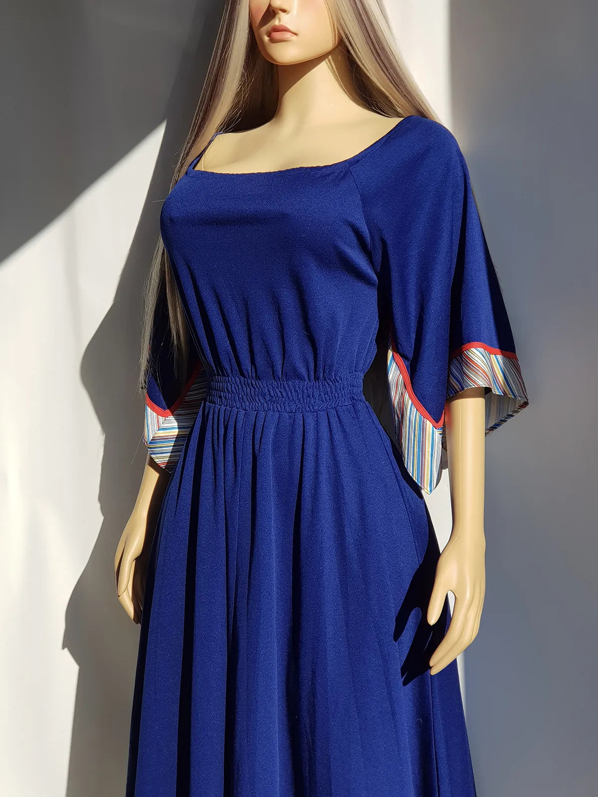 1970s Vintage Handkerchief Summertime Dress - Hourglass Waist - Off Shoulder & Knee Length - Absolutely Beautiful Asymmetrical Sleeves - Elastic Waist