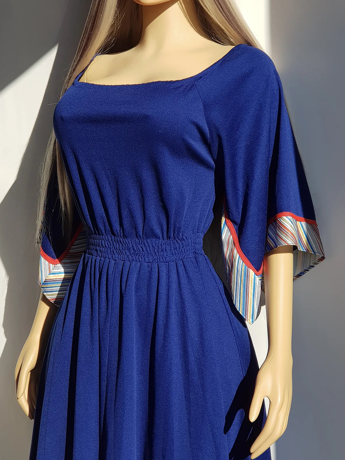 1970s Vintage Handkerchief Summertime Dress - Hourglass Waist - Off Shoulder & Knee Length - Absolutely Beautiful Asymmetrical Sleeves - Elastic Waist