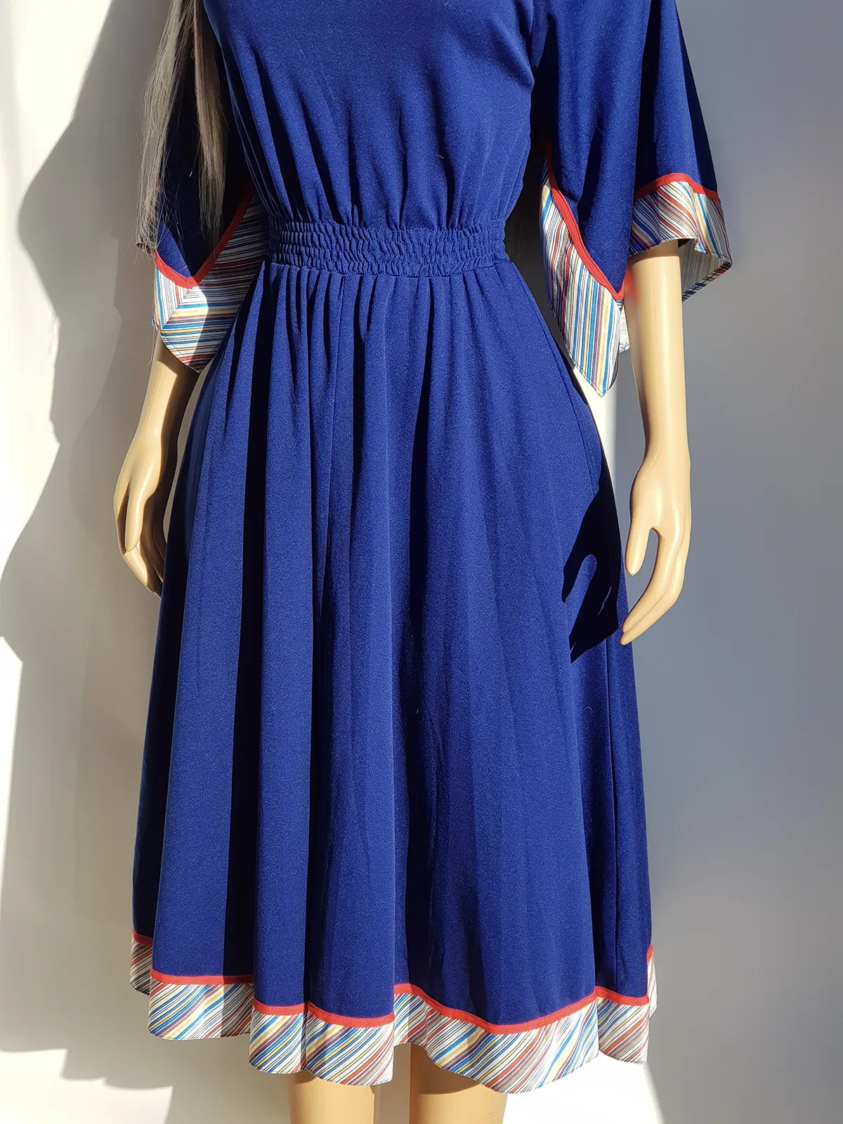 1970s Vintage Handkerchief Summertime Dress - Hourglass Waist - Off Shoulder & Knee Length - Absolutely Beautiful Asymmetrical Sleeves - Elastic Waist