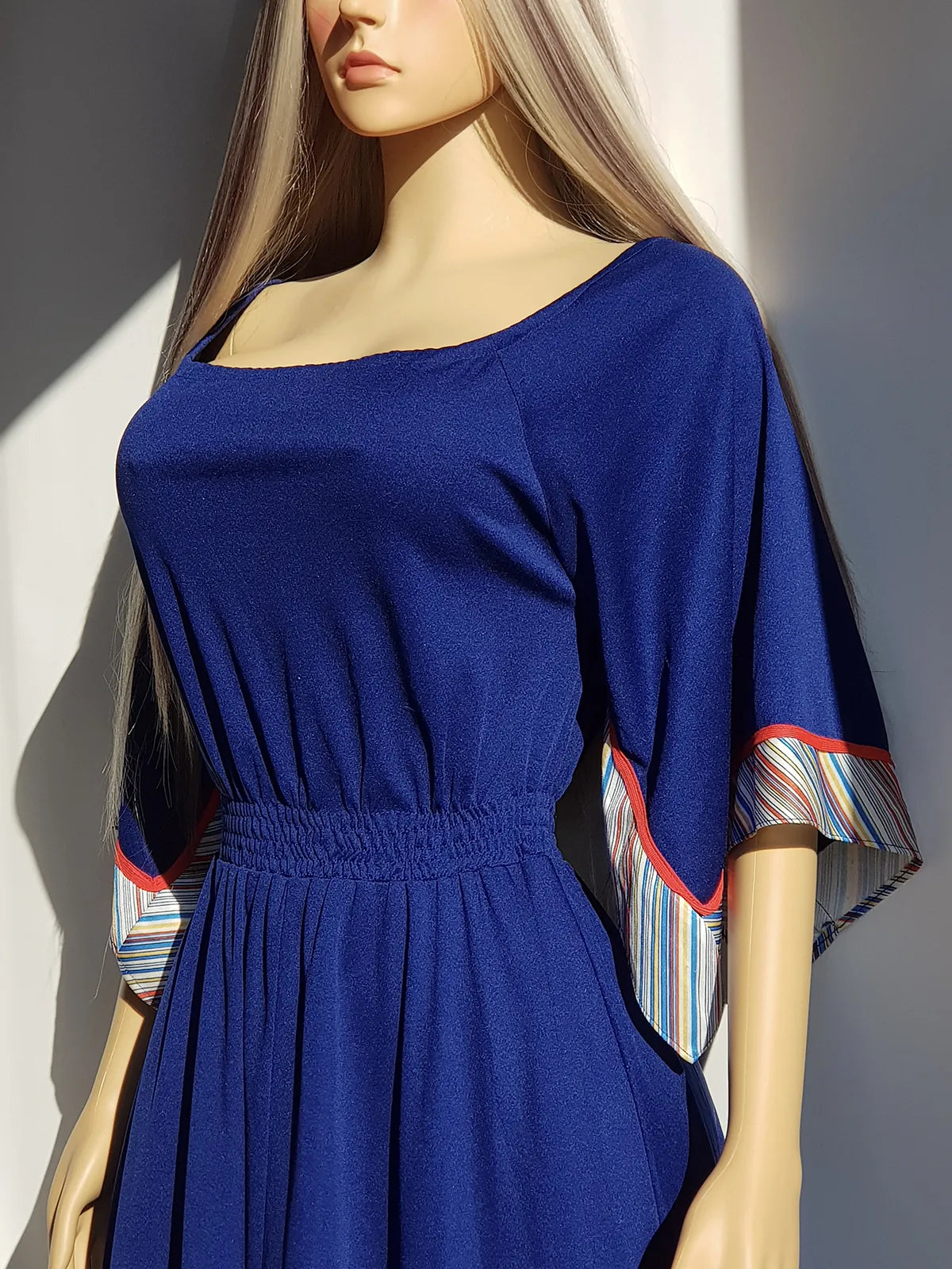 1970s Vintage Handkerchief Summertime Dress - Hourglass Waist - Off Shoulder & Knee Length - Absolutely Beautiful Asymmetrical Sleeves - Elastic Waist